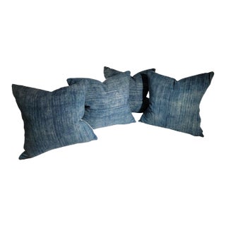 19Thc Faded Blue Homespun Linen Pillows -4 For Sale