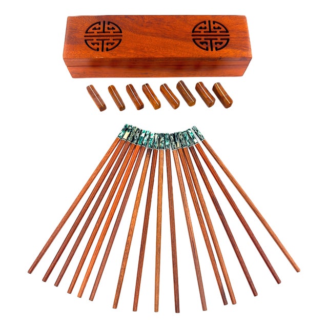 Asian Modern Vietnamese Wooden Chopsticks for 8 With Green Mother of Pearl Marbled Tips Decorative Storage Box and Coordinating Rests - 25 pcs For Sale