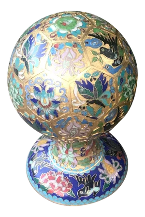1970s Champleve Raised Relief Cloisonné Ball on Stand - 2 Pieces