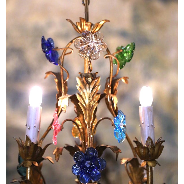 Metal Early 20th Century French Gilt Tole Three-Light Chandelier With Glass Flowers For Sale - Image 7 of 10
