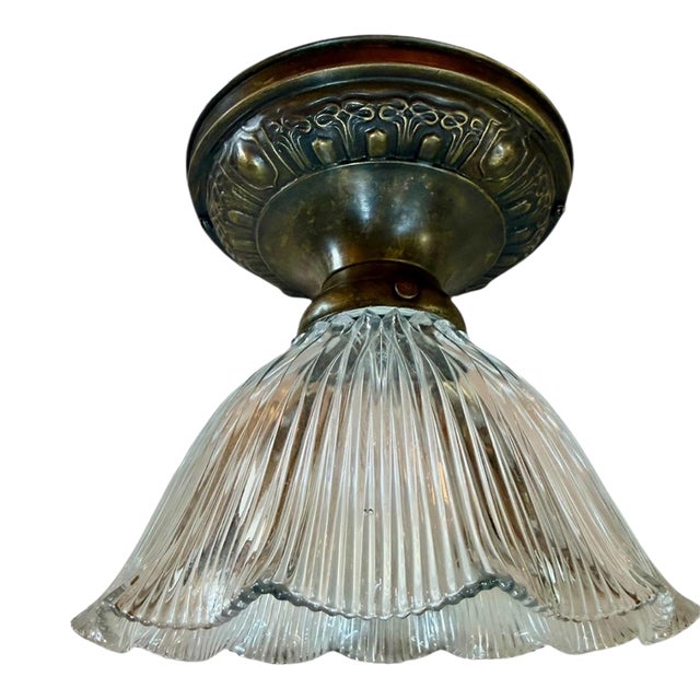 Circa 1920s Fluted Halophane Ceiling Light Fixture For Sale