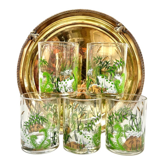 Vintage Cera Frog & Fern Cocktail Glass Set With Brass Tray – Mid-Century Bar Cart, Spring Entertaining Decor For Sale