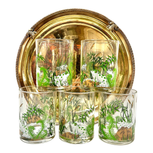 Vintage Cera Frog & Fern Cocktail Glass Set With Brass Tray – Mid-Century Bar Cart, Spring Entertaining Decor