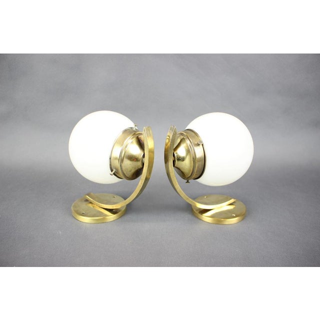 Art Deco Brass Wall Lamps with Opaline Glass, Europe, 1930s, Set of 2 For Sale - Image 3 of 14