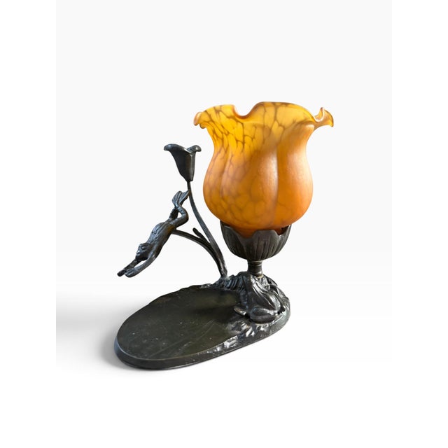 Art Nouveau Vintage Art Nouveau Style Bronze Figural Table Lamp With Amber Ruffled Glass Flower Shade For Sale - Image 3 of 8