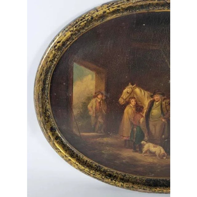 Early 19th Century Antique Had Painted Paper Mache Scenic Tray W Horses & Dogs For Sale - Image 5 of 5