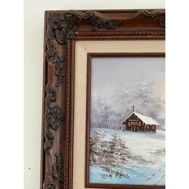 Alabaster Small Vintage Winter Landscape Oil Painting by Van Bell For Sale - Image 8 of 11