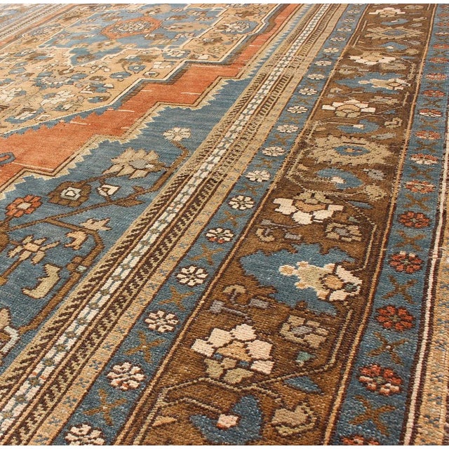 Antique Turkish Colorful Oushak Gallery Rug in Blue Brown & Terra-Cotta For Sale In Atlanta - Image 6 of 9