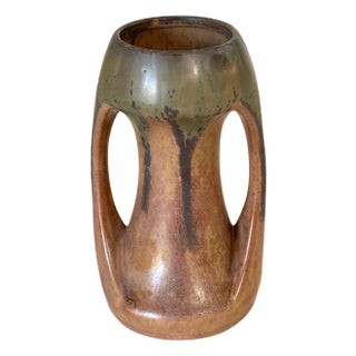 Brown and Green Color Stoneware Enameled Vase with 2 Handles, France, 1960s For Sale