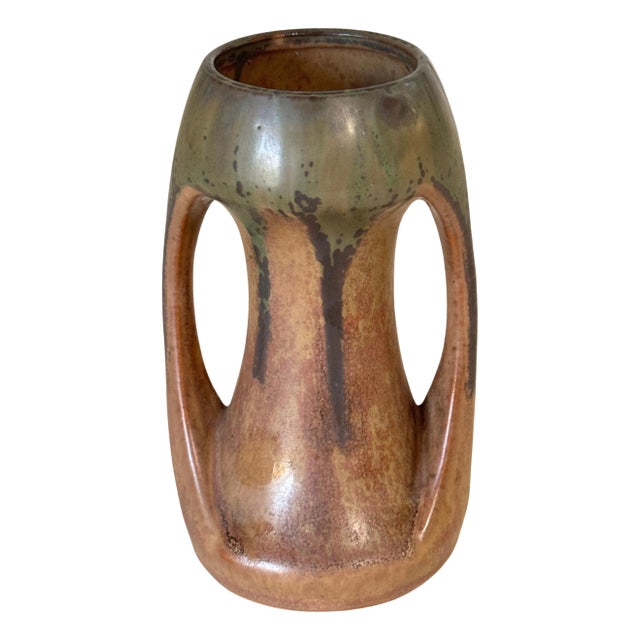 Brown and Green Color Stoneware Enameled Vase with 2 Handles, France, 1960s For Sale