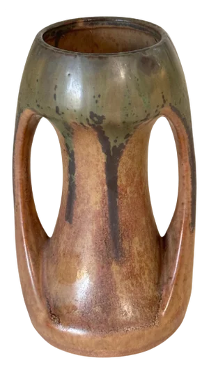 Brown and Green Color Stoneware Enameled Vase with 2 Handles, France, 1960s