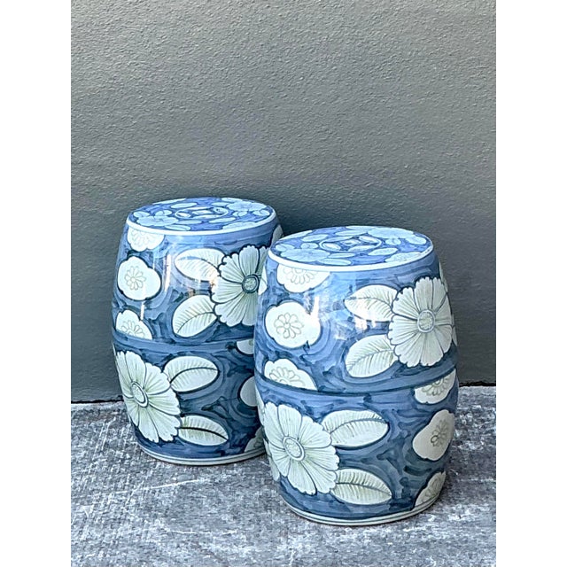 Vintage Glazed Ceramic Floral Garden Stools - A Pair For Sale - Image 10 of 12