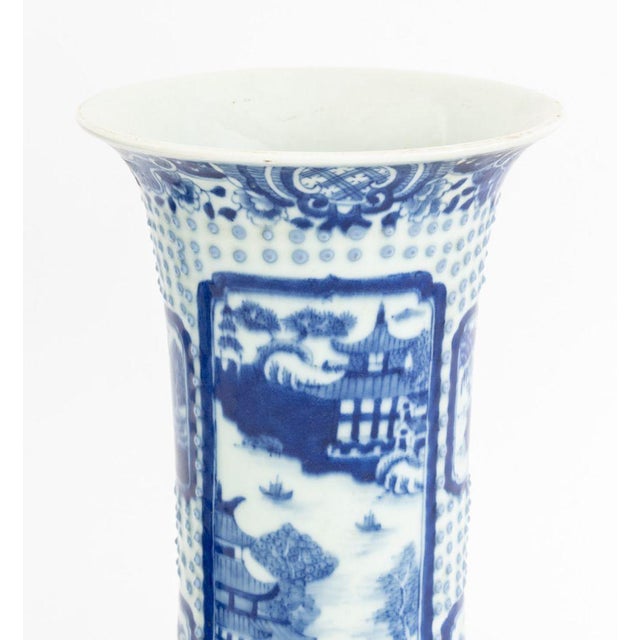 Pair of Chinese Blue and White Porcelain Cylindrical Vases, decorated with pagoda landscape scene vignettes, unmarked....