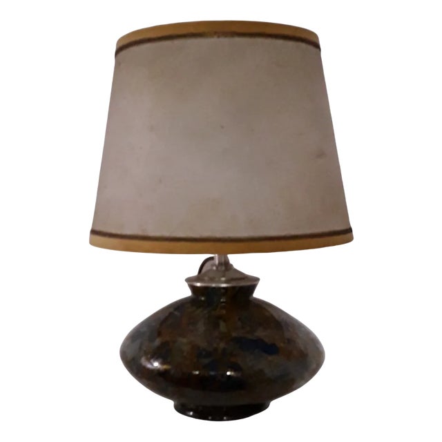 Art Deco Table Lamp with Internally Illuminated Colored Glass Base, Silver Plated Brass Mount & Beige Parchment Shade, 1930s For Sale