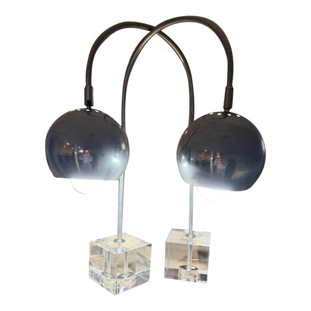 Mid-Century Modern Chrome Dome Eyeball Lamps With Lucite Base For Sale
