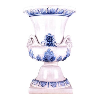 Monumental Blue & White Majolica Grecian Urn With Mythological Jupiter Ammon Motifs For Sale