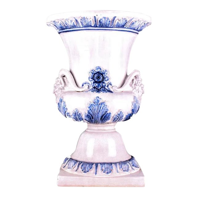 Monumental Blue & White Majolica Grecian Urn With Mythological Jupiter Ammon Motifs For Sale