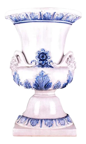 Monumental Blue & White Majolica Grecian Urn With Mythological Jupiter Ammon Motifs
