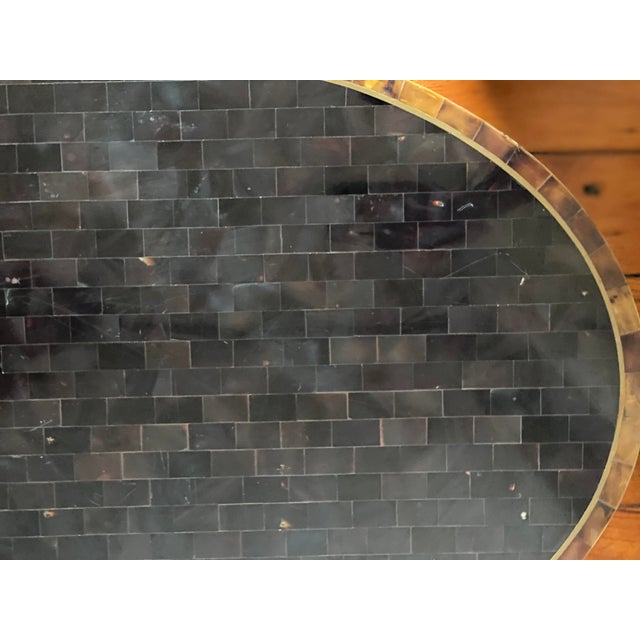 1990s Maitland Smith Tessellated Faux Tortoise Shell Oval Table W Brass Inlay & Casters For Sale - Image 5 of 13