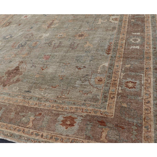 Large Turkish Angora Oushak Rug in Washed Sage With Rust and Ivory 11'10 X 17'4 For Sale - Image 9 of 17