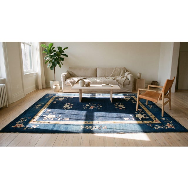 Textile 1930s Blue Navy Floral Antique Chinese Peking Rug 6'4" X 8'8" Handknotted Wool Carpet For Sale - Image 7 of 8