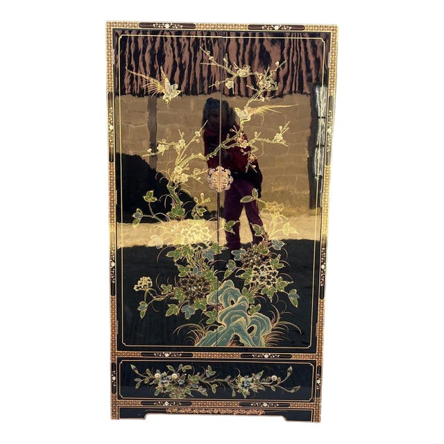 Black Lacquered Chinoiserie Wardrobe with Drawers For Sale