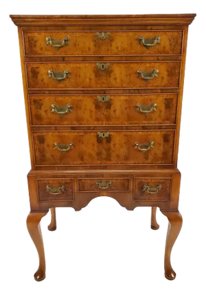 1950s English 7 Drawer Burl Walnut Queen Anne Style Tall Boy Chest on Stand