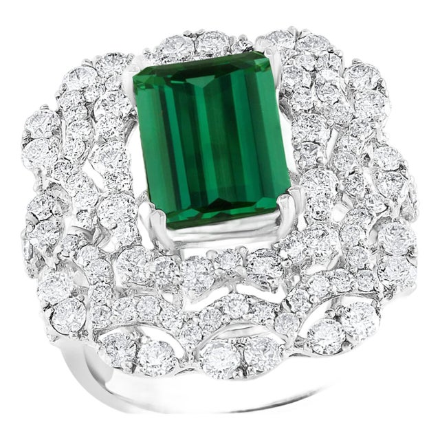 6.5 Carat Green Tourmaline & 4.2 Carat Diamond Cocktail Ring 18 Karat White Gold For Sale
