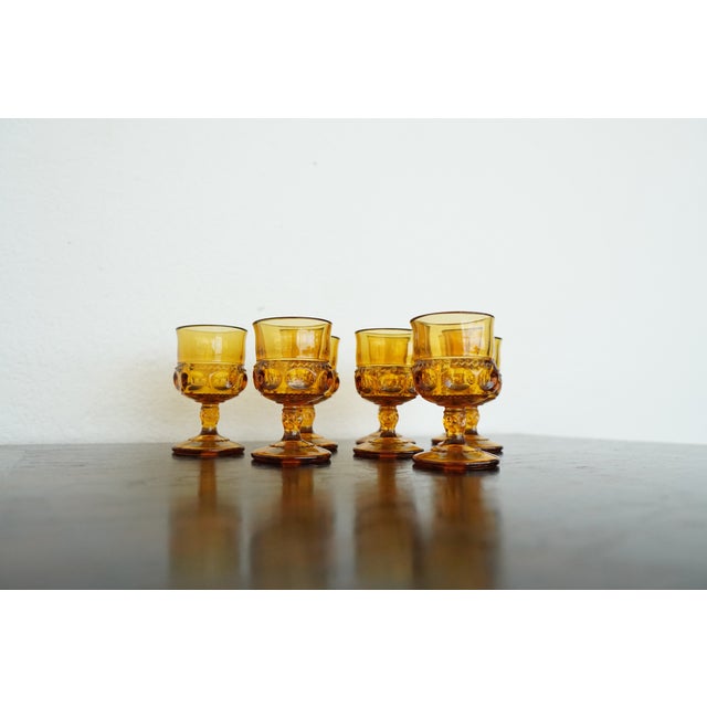 Vintage Indiana Glass Amber King’s Crown Thumbprint Cordial Glasses - Set of 8 For Sale In Austin - Image 6 of 15