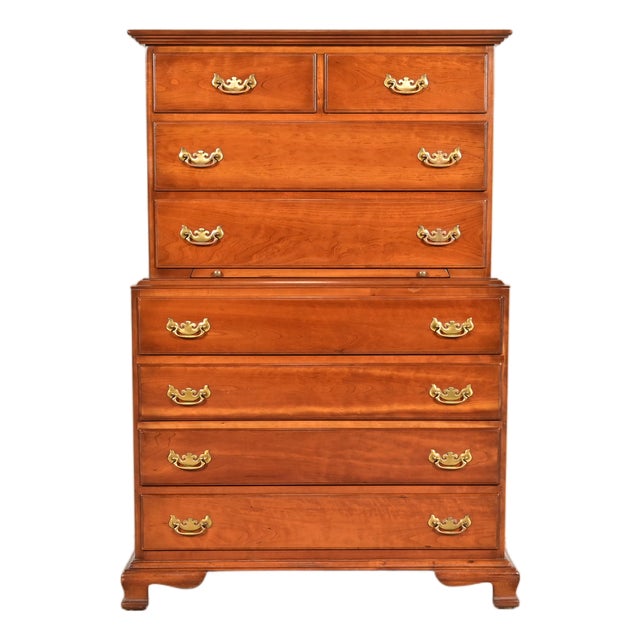 L. & J. G. Stickley Georgian Solid Cherry Wood Eight-Drawer Highboy Dresser, 1957 For Sale