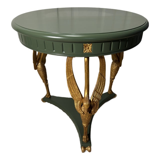 Late 20th Century Green Painted Wood and Gilt Bronze Gueridon Table With Swan Motif Legs For Sale
