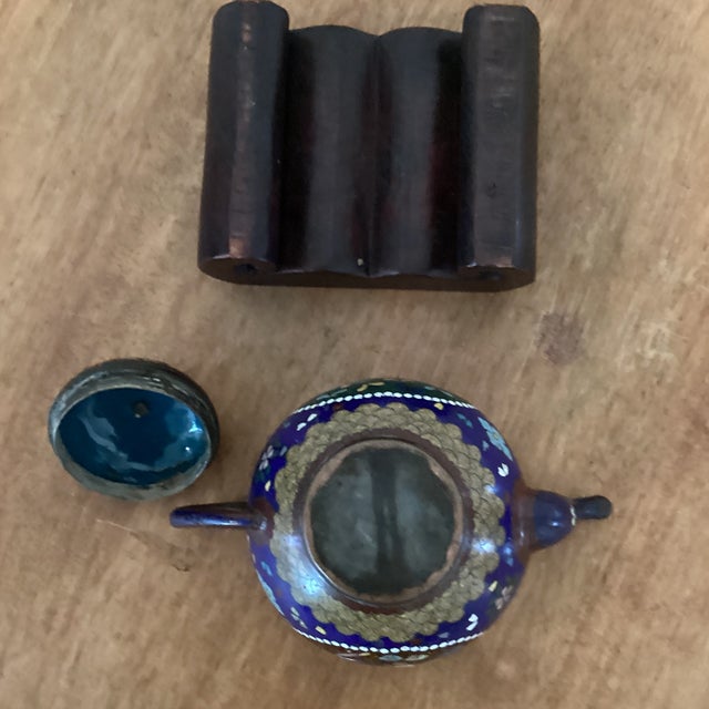 Ink Blue Antique Japanese Cloisonné Meiji Period Teapot Phoenix Motif, Blue Enamel Body on Wood Base For Sale - Image 8 of 12