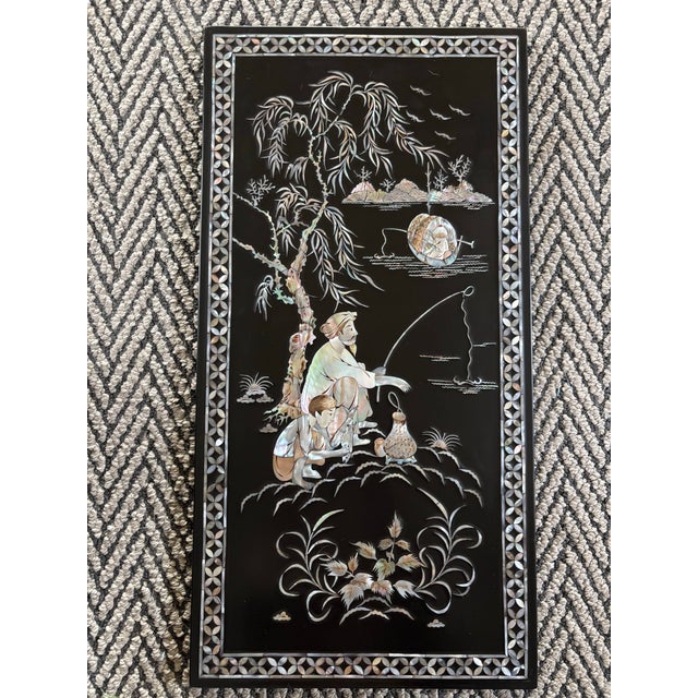 Mid 20th Century Set of Four Chinese Japonisme Black Lacquer Panels With Dimensional Mother-of-Pearl Inlay, Figural Pastoral Scenes For Sale - Image 5 of 12