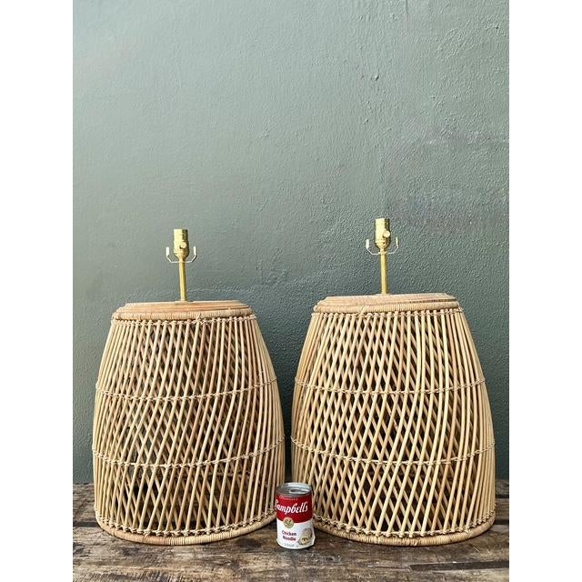 Boho Chic Vintage Woven Rattan Lamps - A Pair For Sale - Image 3 of 12