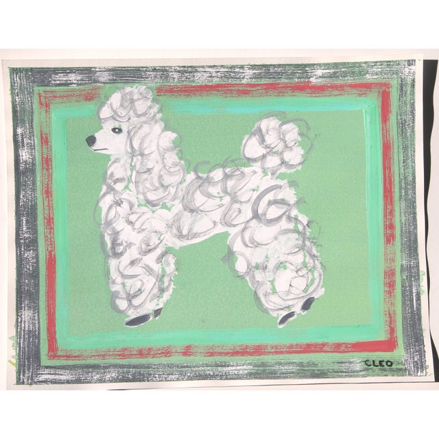 Dog, White French Poodle in tropical colors using shades of apricot, mint green, gray and crimson with a triple dry rushed...
