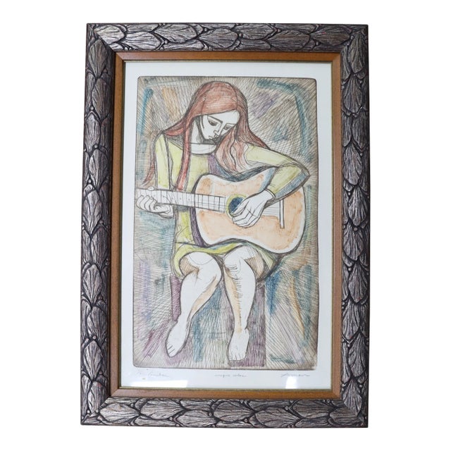 Mid Century Signed Guitar Etching For Sale