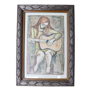 Mid Century Signed Guitar Etching