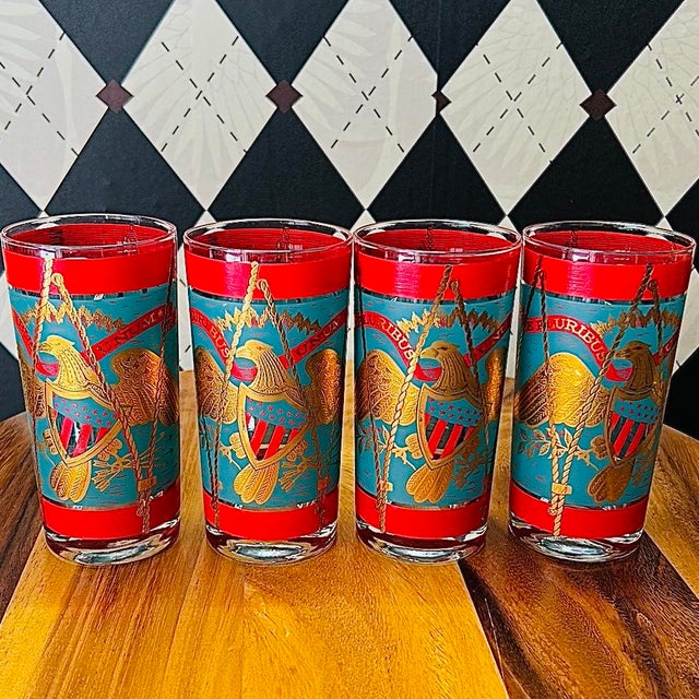 1960s Americana Gold Eagle Regimental Drum Highball Glasses 22k Vintage Set of 4 For Sale - Image 9 of 11