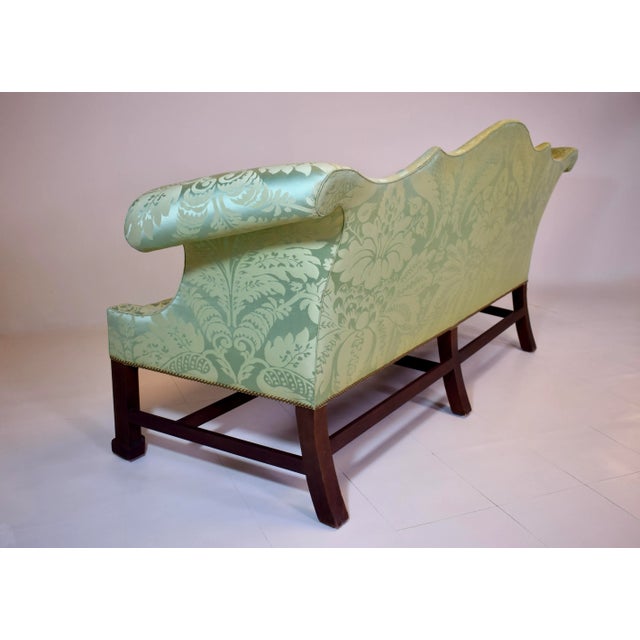 Custom George III Mahogany Camel Back Sofa With Damask Silk Upholstery For Sale - Image 10 of 16