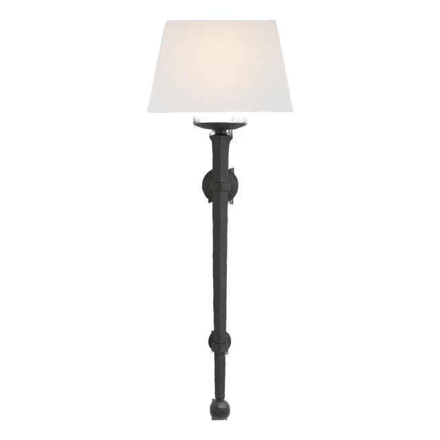 Chapman & Myers for Visual Comfort Signature Long Iron Torch in Black Rust with Linen Shade For Sale