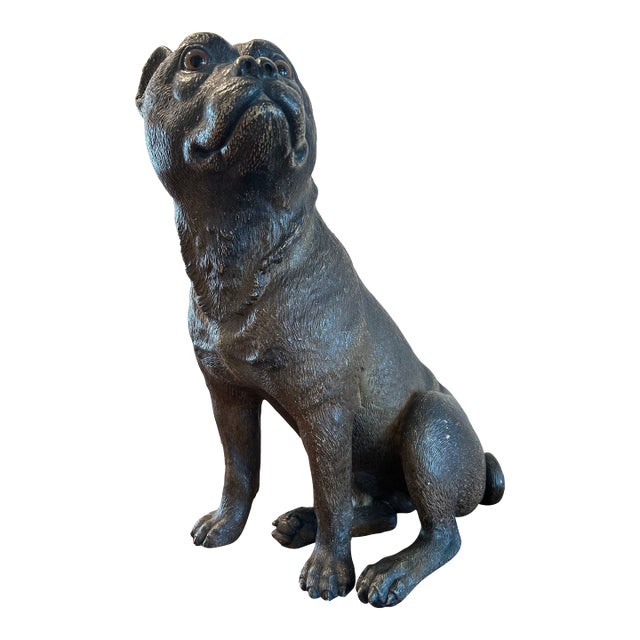 Large Vintage Staffordshire Terrier–Style Seated Dog Sculpture – 20” H – Bronzed Finish For Sale