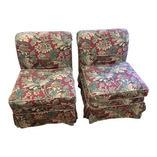 Circa 1990's Pair of Highland House Slipper Chairs With Custom Skirted Slipcovers For Sale