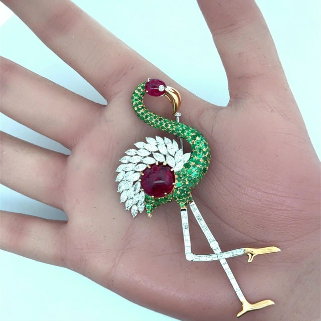 Burmese Spinel Emerald Diamond 18k White Yellow Gold Flamingo Brooch, Gia Cert For Sale In Los Angeles - Image 6 of 8
