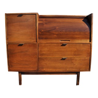 1960s Mid Century Modern Walnut Roll Top Desk by Hooker Main Line For Sale
