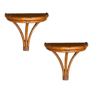 1950s Restored Mid-Century Rattan Wall Pedestal Shelf W/ Mahogany Top, Pair For Sale