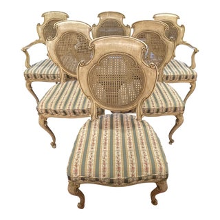 Late 20th Century Set of 6 Italian Style Dining Room Chairs 2 Armchairs & 4 Side Chairs. Whitewashed, Hand Caned Backs and Newly Upholstered Seats For Sale