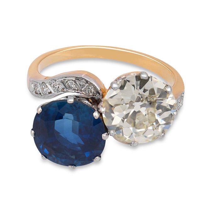 Traditional 1900-1909 Belle Époque Gia 2.87 Carat Diamond Gia 3.93 Carat Sapphire Toi Et Moi Ring, Size 6.75 For Sale - Image 3 of 9