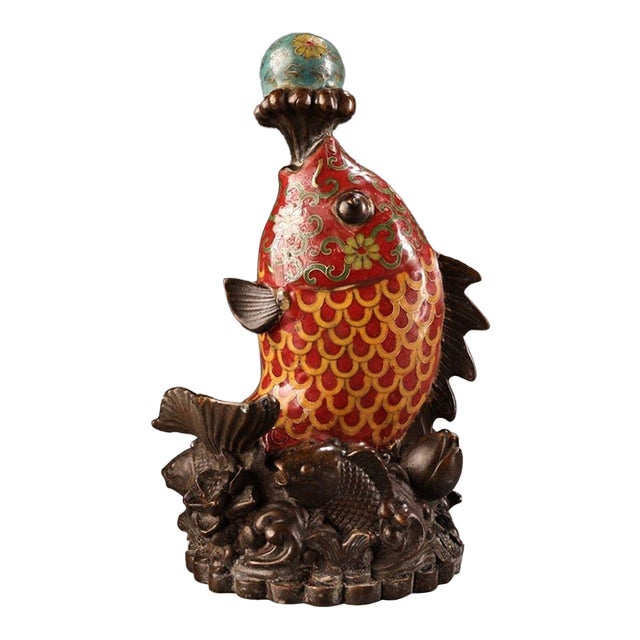 Late 19th Century Cloisonné Enamel Fish Statue With Bronze Base, 2.6kg For Sale