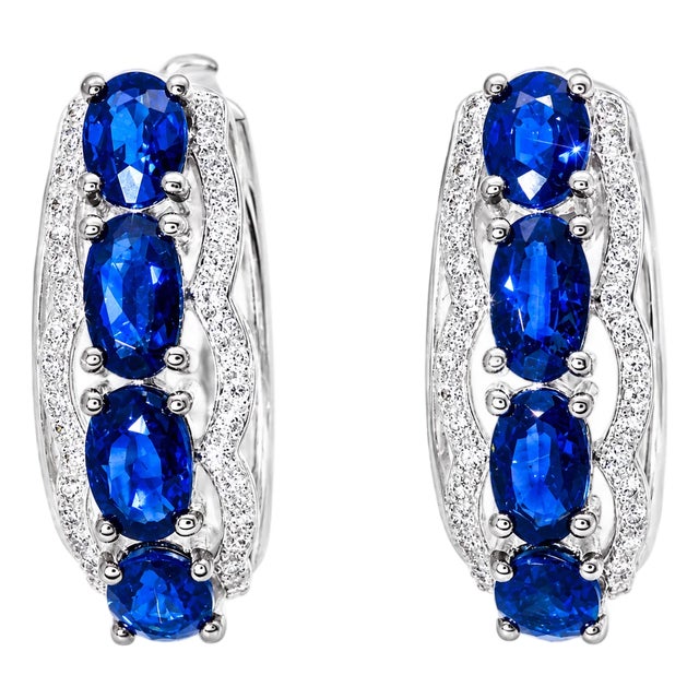 Late 20th Century 14K White Gold Diamond Sapphire Huggie Earrings Sapphires, Pair For Sale