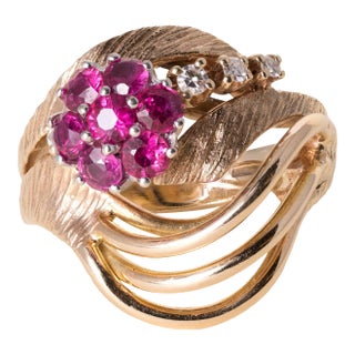 Vintage 13.5k Gold Ruby and Diamond Floral Cocktail Ring, Size 7 For Sale